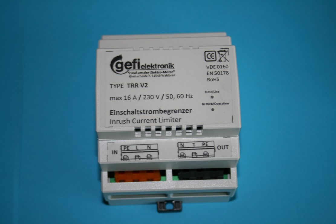 Einschaltstrombegrenzer für Trafos oder elektroniche Geräte, Gefi, TYPE:  TRR-V2, 230V / 50Hz, 16A, max. 3600W, Anlaufstrombegrenzer, Strombegrenzer